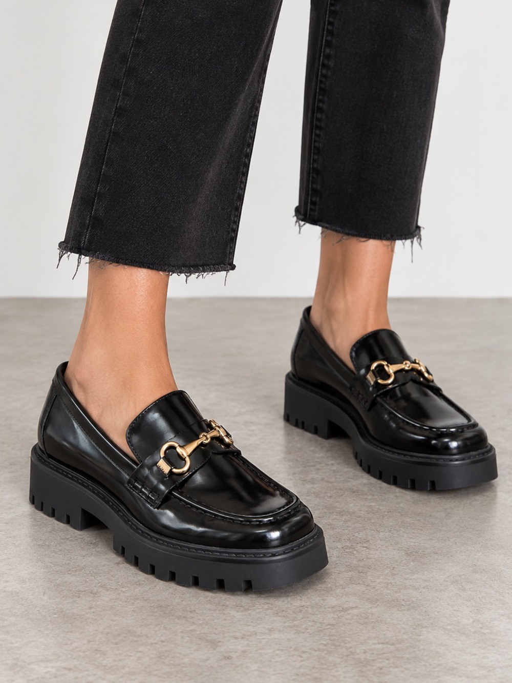 New Open Edit Black Heather Bit Platform Loafers Chunky Patent Faux Leather 9.5